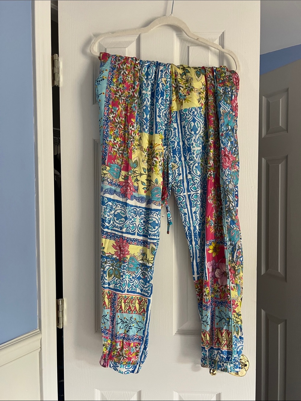 Johnny was Boho Patchwork silk jogger Pants in Blue, Yellow & Pink